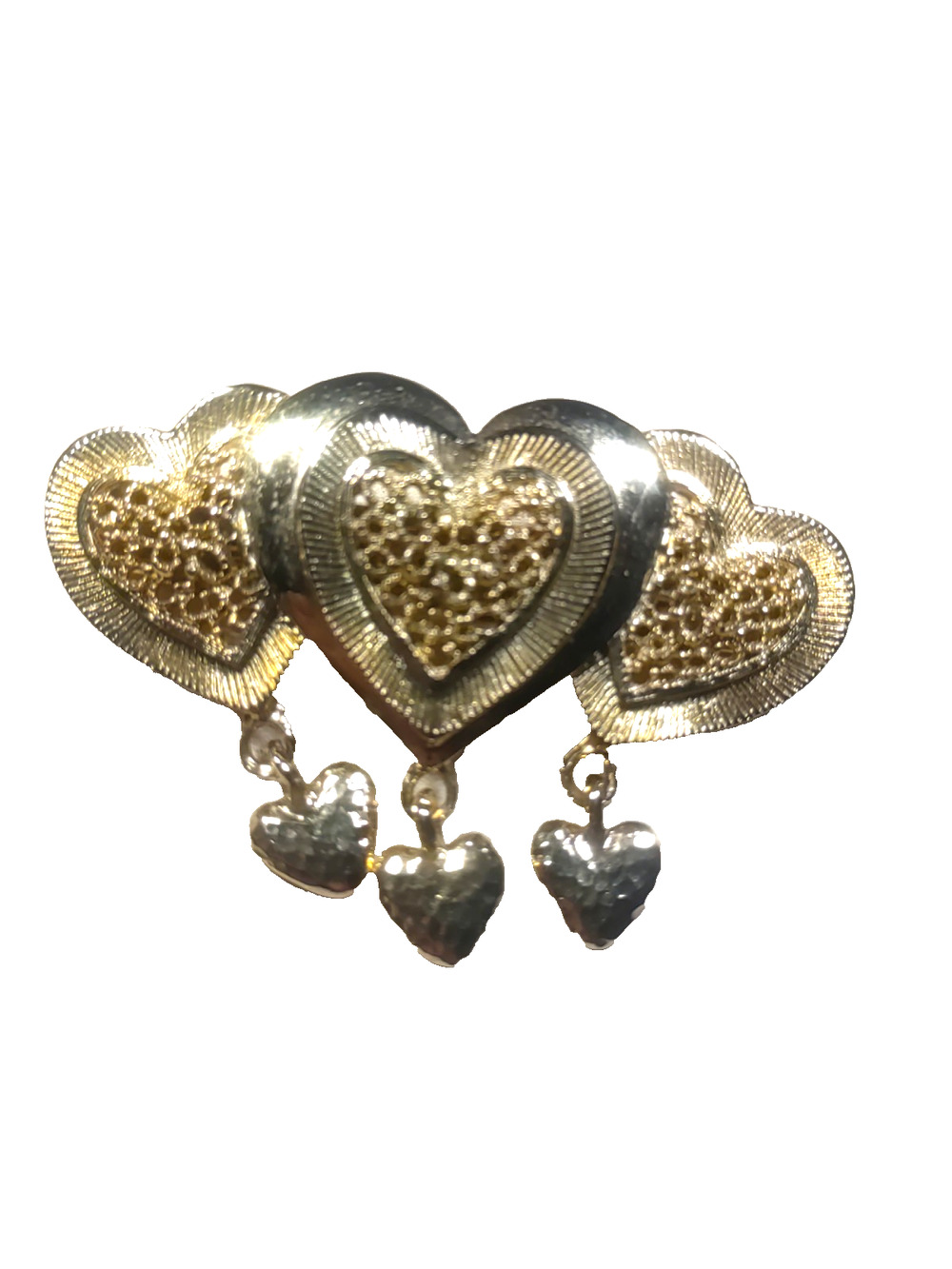 Gold Tone Heart Barrette Tension Clip Dangle Charms Love romance
